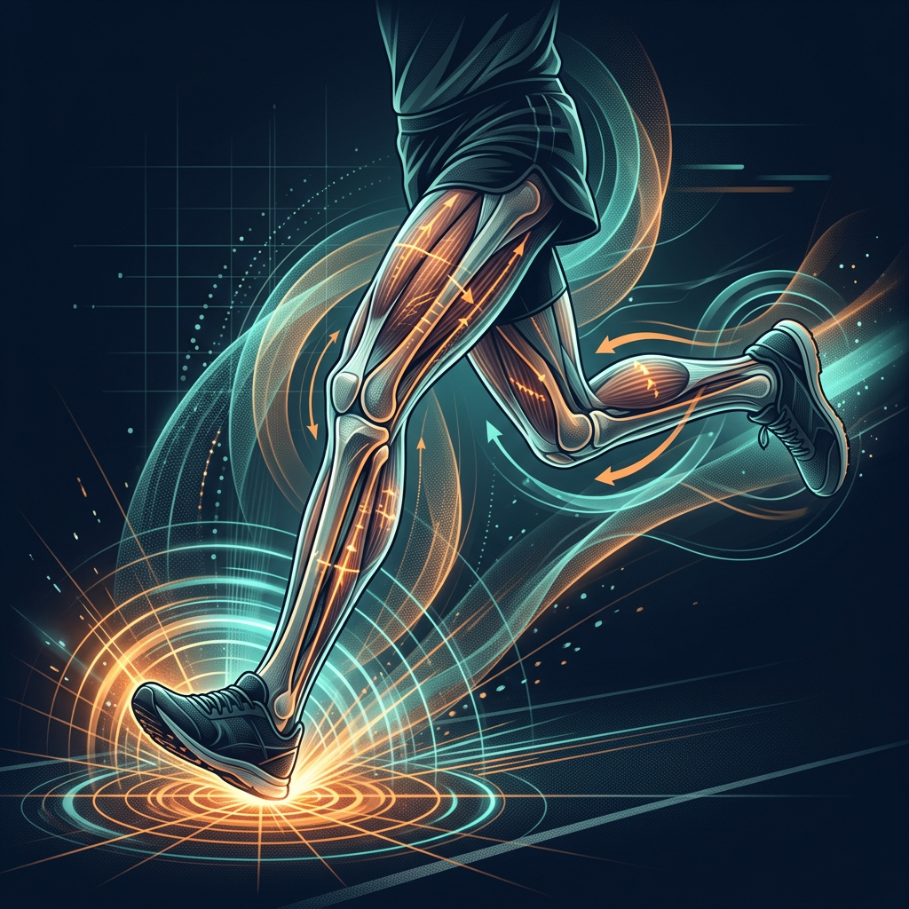 Anatomical illustration of a runner's legs showing muscles, joints, and motion arrows