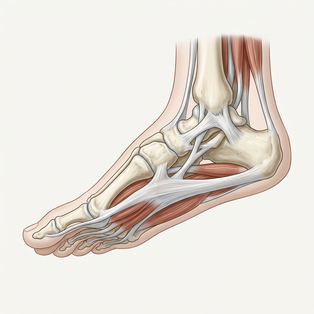Anatomical side view of foot bones, muscles, tendons, and ligaments