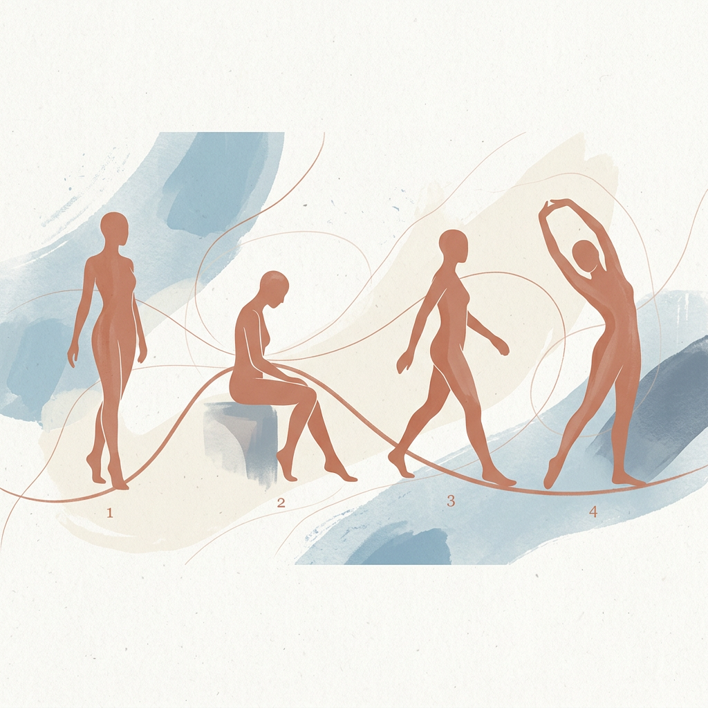 Four numbered figures progress from standing still to stretching in an abstract flowing landscape