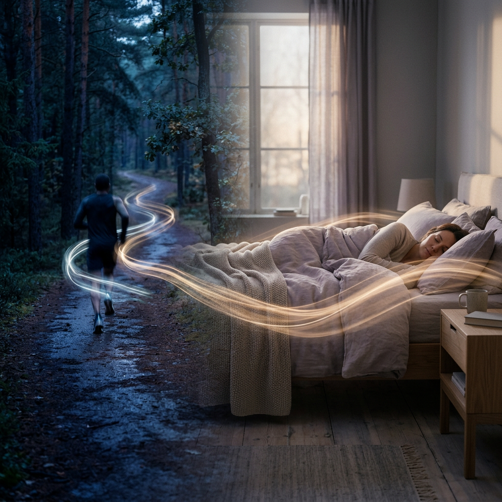Glowing trail connects a sleeping woman with a runner on a forest path